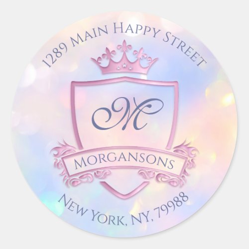 Monogram Address Crown Royal Holograph Pink RSVP Classic Round Sticker