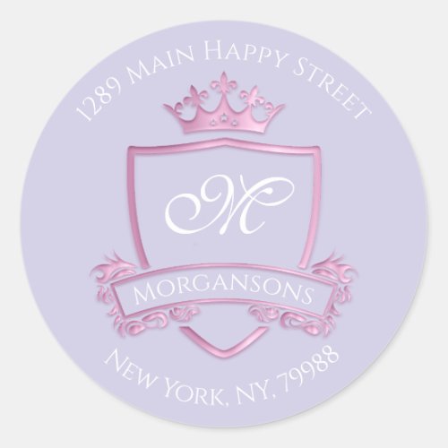 Monogram Address Crown Royal Pink Purple RSVP Classic Round Sticker