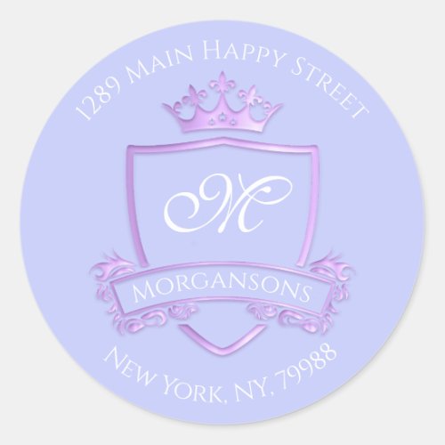 Monogram Address Crown Royal Princess Baby Blue Classic Round Sticker