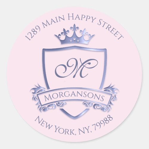 Monogram Address Crown Royal Princess Blue RSVP Classic Round Sticker