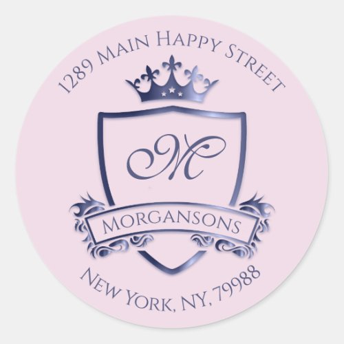 Monogram Address Crown Royal Princess Navy Pink Classic Round Sticker