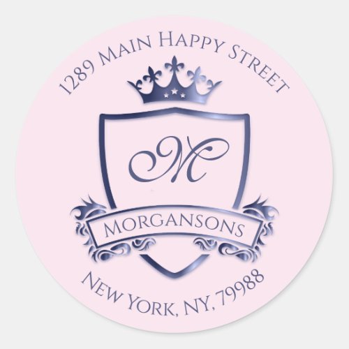 Monogram Address Crown Royal Princess Navy RSVP Classic Round Sticker