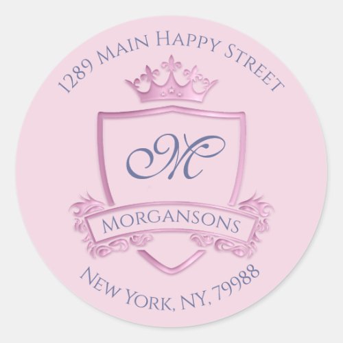 Monogram Address Crown Royal Princess Pink RSVP Classic Round Sticker