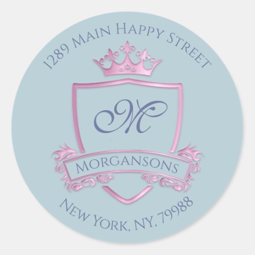 Monogram Address Crown Royal Princess Pink Smoky Classic Round Sticker