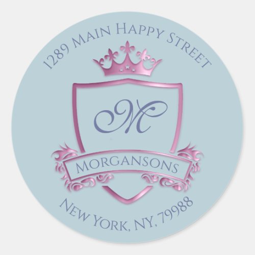 Monogram Address Crown Royal Princess Pinky Blue Classic Round Sticker