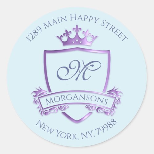 Monogram Address Crown Royal Princess Purple Blue Classic Round Sticker