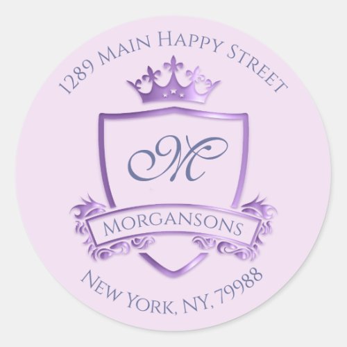 Monogram Address Crown Royal Princess Purple RSVP Classic Round Sticker