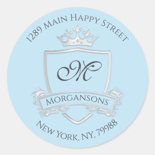 Monogram Address Crown Royal Silver Gray Classic Round Sticker