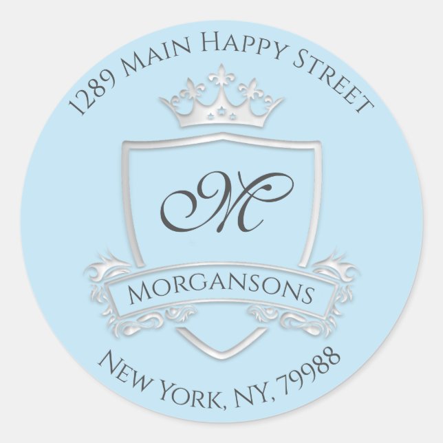 Monogram Address Crown Royal Silver Gray Classic Round Sticker (Front)