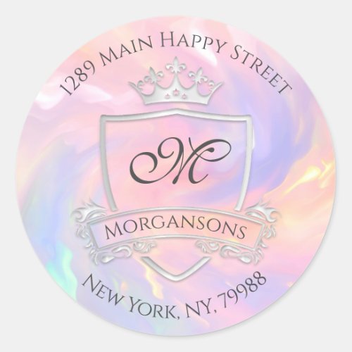Monogram Address Crown Royal Silver Holograph Classic Round Sticker
