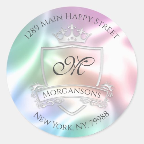 Monogram Address Crown Royal Silver Holographic Classic Round Sticker