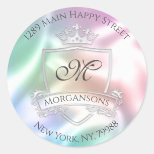 Monogram Address Crown Royal Silver Holographic Classic Round Sticker