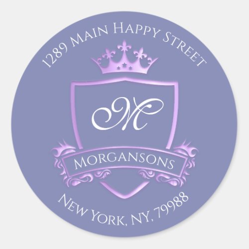 Monogram Address Crown Royal Smoky Blue Purple Classic Round Sticker