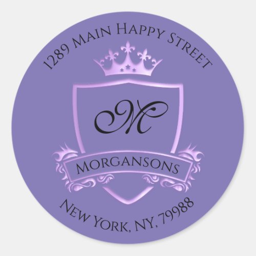 Monogram Address Crown Royal Violet Purple Classic Round Sticker