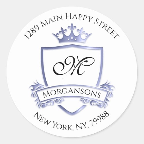 Monogram Address Crown Royal White Blue RSVP Classic Round Sticker