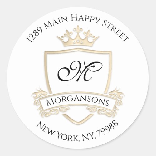 Monogram Address Crown Royal White Gold RSVP Classic Round Sticker