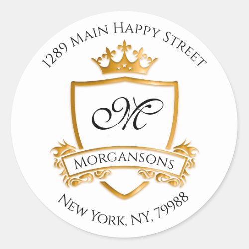 Monogram Address Crown Royal White Golden RSVP Classic Round Sticker