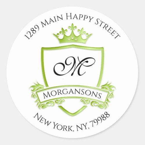 Monogram Address Crown Royal White Green RSVP Classic Round Sticker