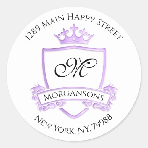 Monogram Address Crown Royal White Purple Classic Round Sticker