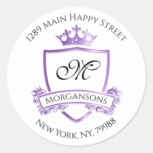 Monogram Address Crown Royal White Purple RSVP Classic Round Sticker
