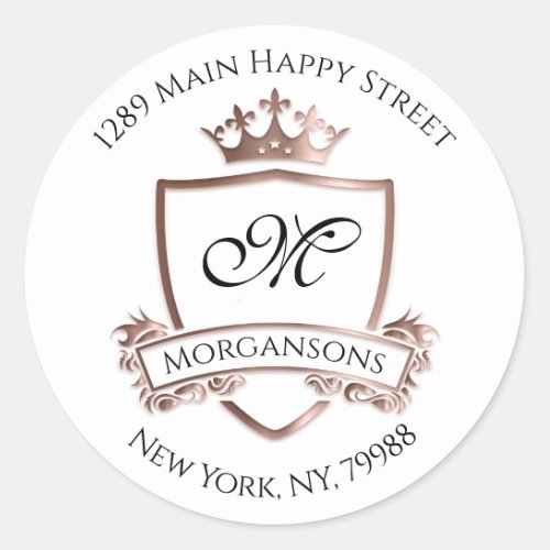 Monogram Address Crown Royal White Rose RSVP Classic Round Sticker