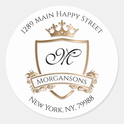 Monogram Address Crown Royal White Wedding RSVP Classic Round Sticker
