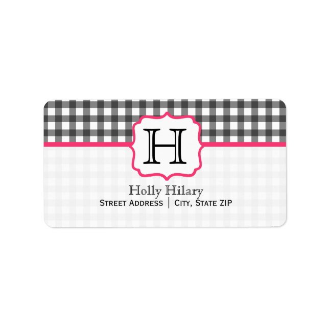 Monogram Address Label - Gray Gingham and Pink (Front)