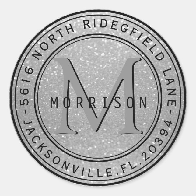 Monogram Address Label in Silver Glitter (Front)