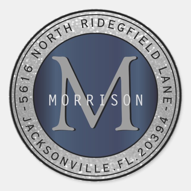 Monogram Address Label in Silver Glitter / Blue (Front)