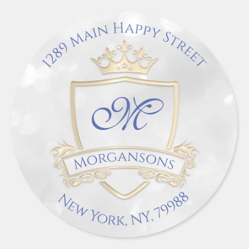 Monogram Address Name Crown Royal Gold Gray Grey Classic Round Sticker