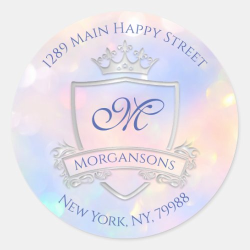 Monogram Address Name Crown Royal Holographic Blue Classic Round Sticker