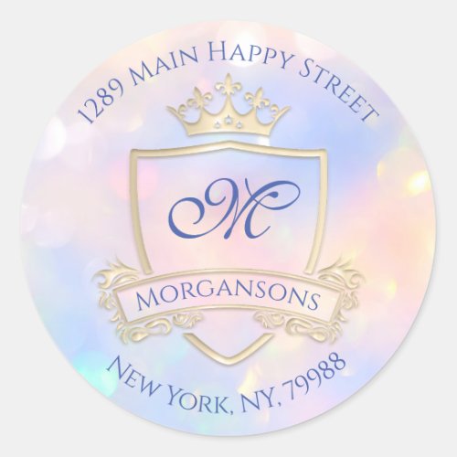 Monogram Address Name Crown Royal Holographic Classic Round Sticker