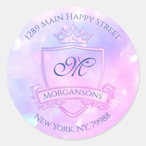 Monogram Address Name Crown Royal Holographic Pink Classic Round Sticker