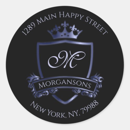 Monogram Address RSVP Crown Royal Smoky Blue Black Classic Round Sticker