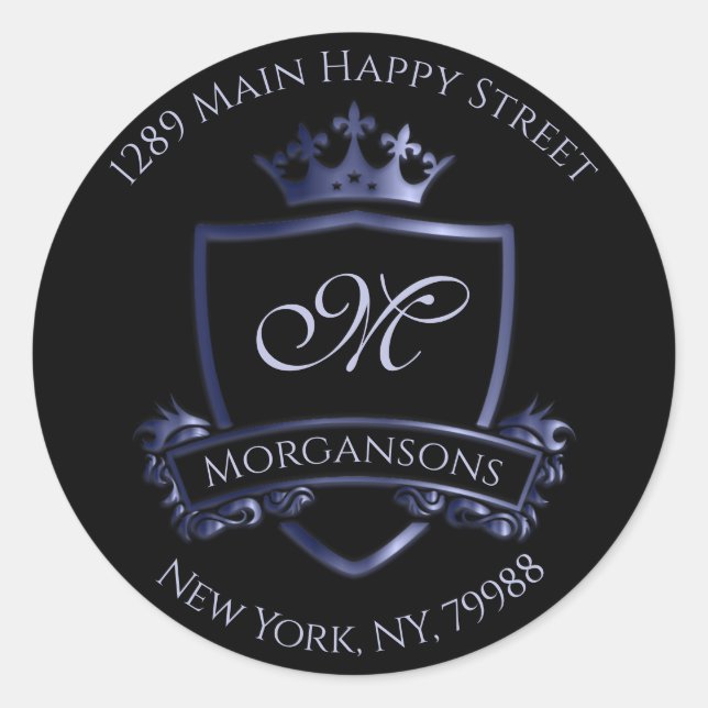 Monogram Address RSVP Crown Royal Smoky Blue Black Classic Round Sticker (Front)