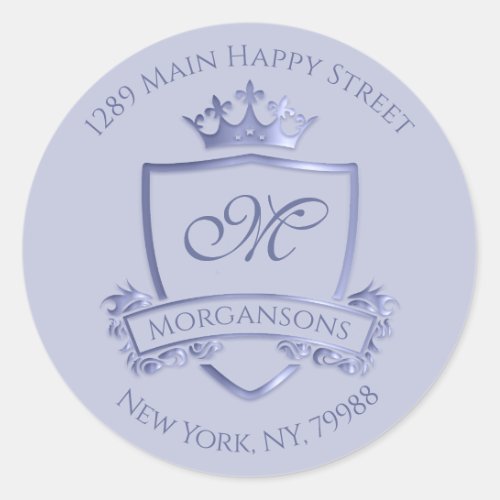 Monogram Address RSVP Crown Royal Smoky Blue Classic Round Sticker