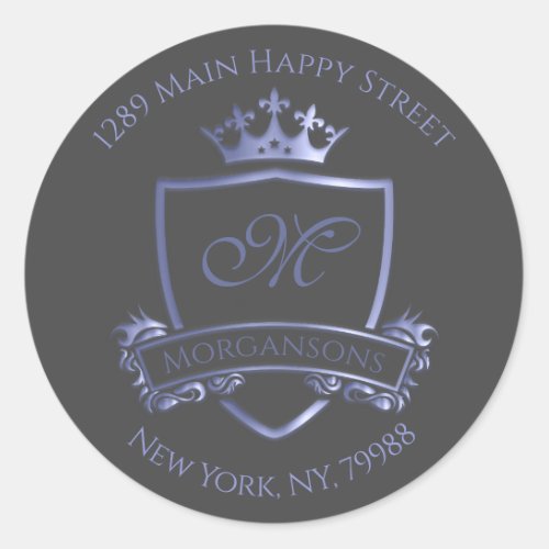 Monogram Address RSVP Crown Royal Smoky Blue Gray Classic Round Sticker