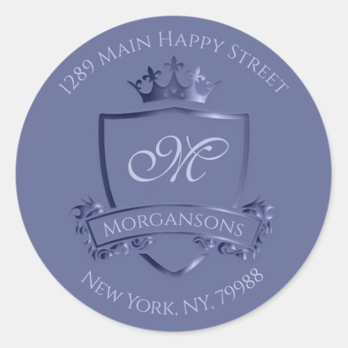 Monogram Address RSVP Crown Royal Smoky Blue Lux Classic Round Sticker