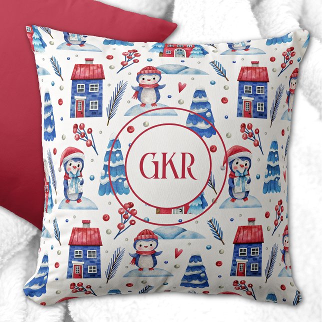 Monogram Adorable Blue & Red Penquin Pattern 16x16 Throw Pillow (Creator Uploaded)