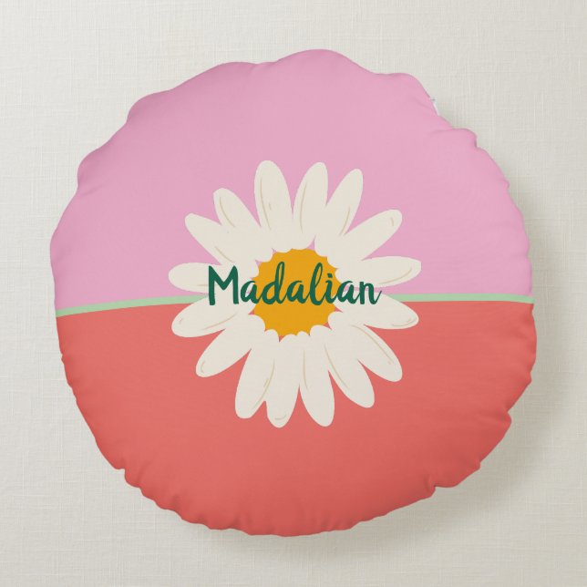 Monogram adorable girly pink green blue sunflowers round pillow (Back)