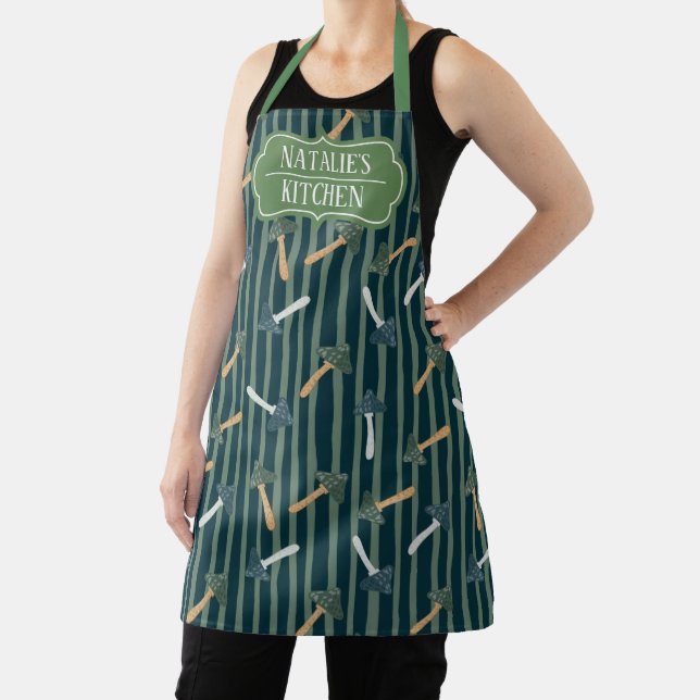 Monogram adorable retro design Mushrooms Green Apron (Insitu)