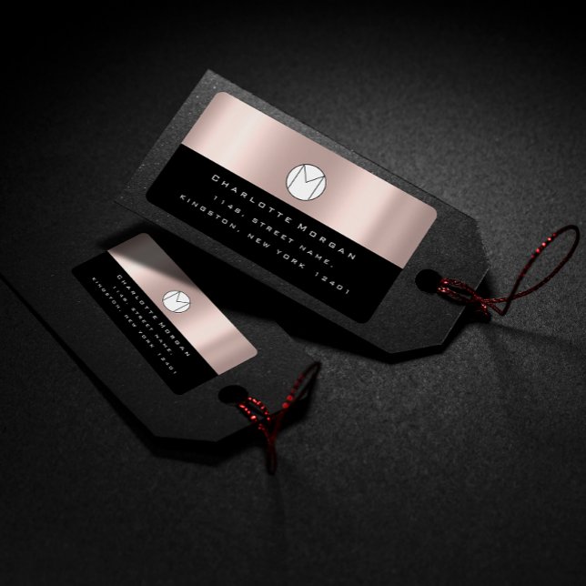 Monogram Adress Name Minimal Rose Black RSVP Label (Creator Uploaded)
