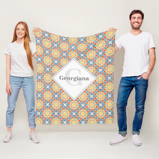 Monogram Aegean Summer Oranges And Lemons Tile Fleece Blanket (In Situ)