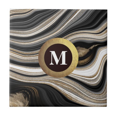 Monogram Agate Black white gold  Ceramic Tile