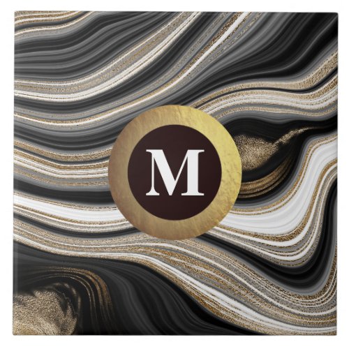 Monogram Agate Black white gold  Ceramic Tile