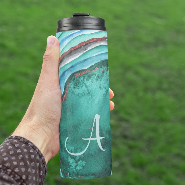 Monogram Agate Geode Blue Green Copper Thermal Tumbler (Creator Uploaded)