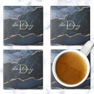Monogram Agate Geode Navy Blue Gold Stone Coaster