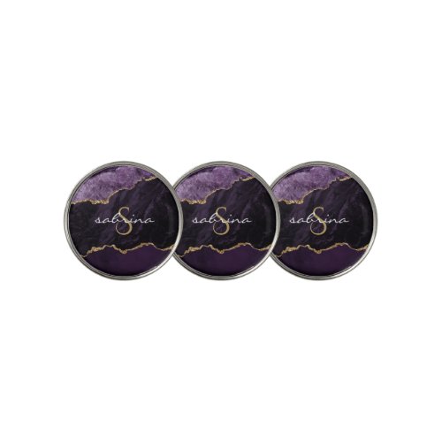 Monogram Agate Geode Purple Gold Golf Ball Marker