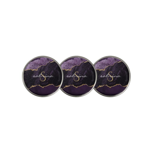 Monogram Agate Geode Purple Gold Golf Ball Marker (3 Up)