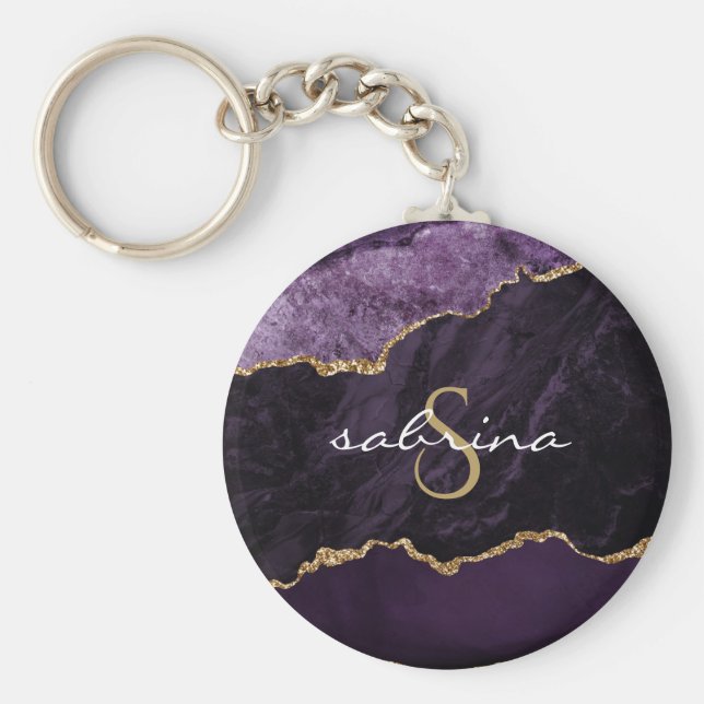 Monogram Agate Geode Purple Gold Keychain (Front)